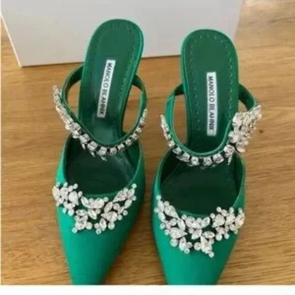 Manolo Blahnik Green Satin Embellished Heels/Mules - Picture 7 of 7